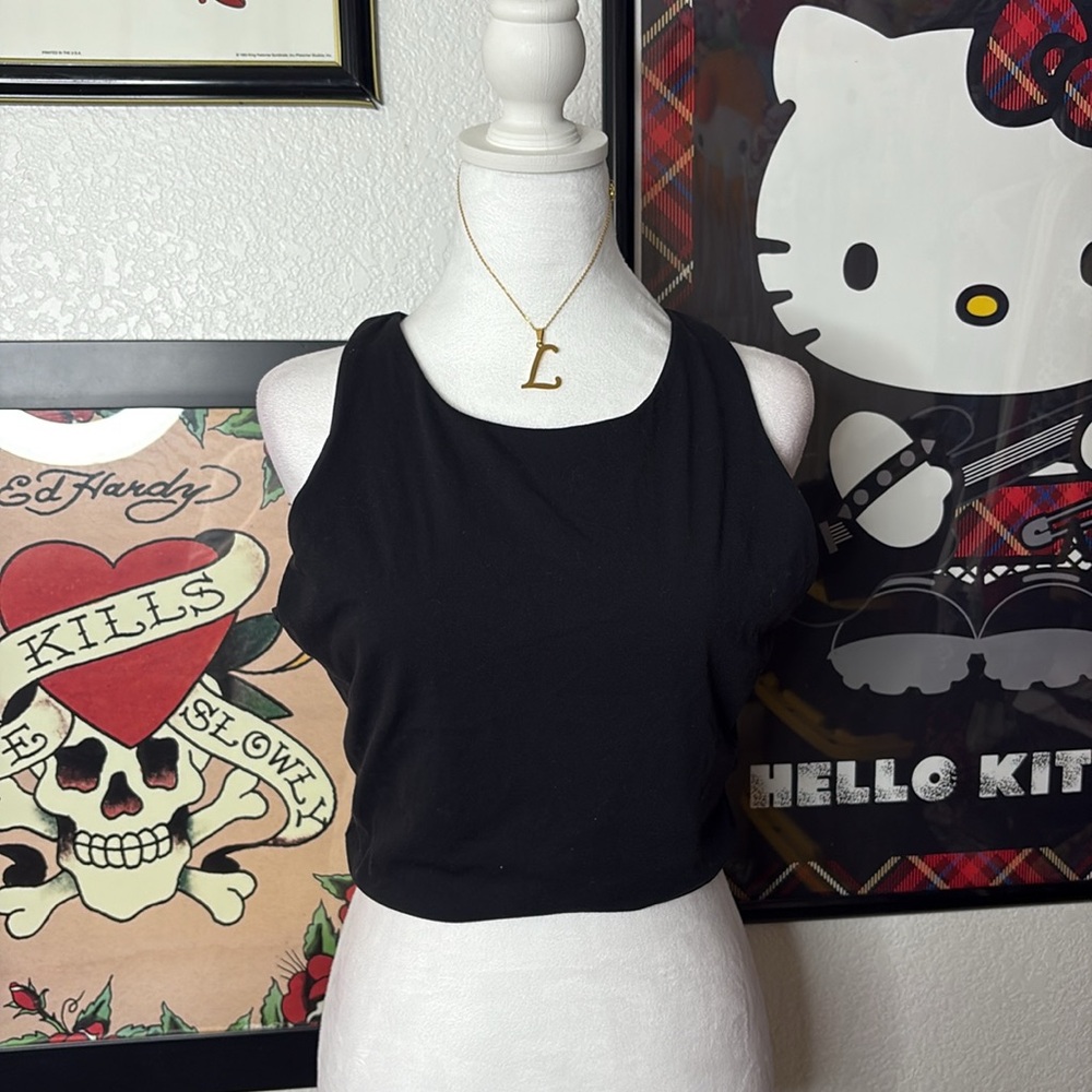 Avia Black Cropped Halter Tank Top Scoop Neck Gym Athleisure Sporty Casual Basic